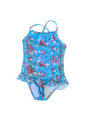CATH KIDS Floral Swimsuit Girls 3-4 3T 4T Pink Blue Cross Back Ruffles Smocking